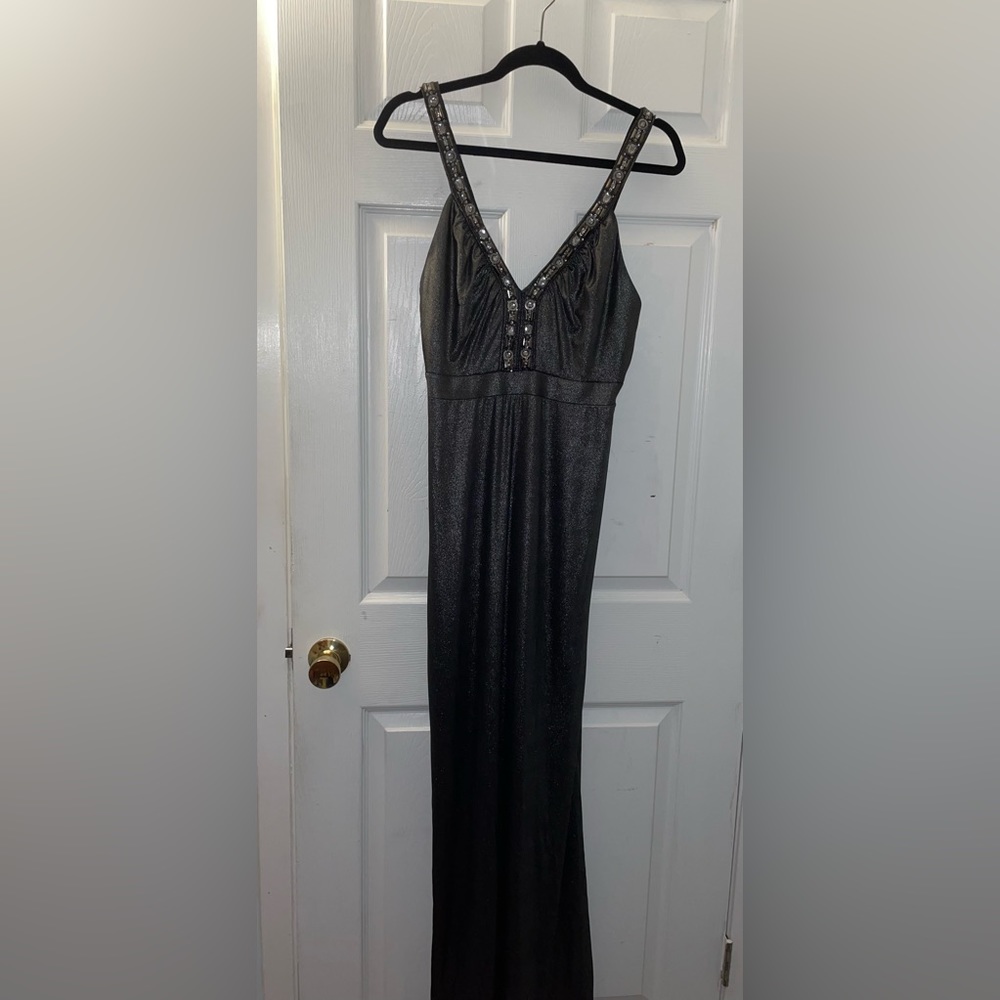 Long Charcoal Grey Navy Gown With Gems